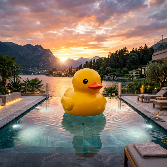 Canard en plastique géant sur un lac au coucher du soleil